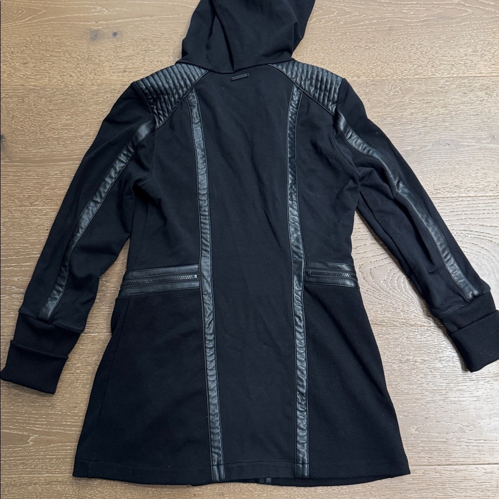 Blanc Noir Black Moto Hooded Jacket Faux Leather Trim Size M - Picture 8 of 8